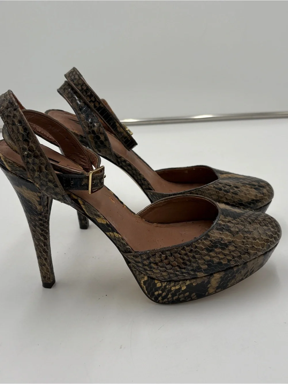 Vintage Ava & Aiden Stiletto Pumps Heels Snake Skin Platform Ankle Strap Size 9